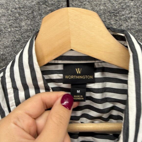 Worthington Shirt Women M Medium Black Striped Button Up Collared Long Sleeve - Picture 3 of 7